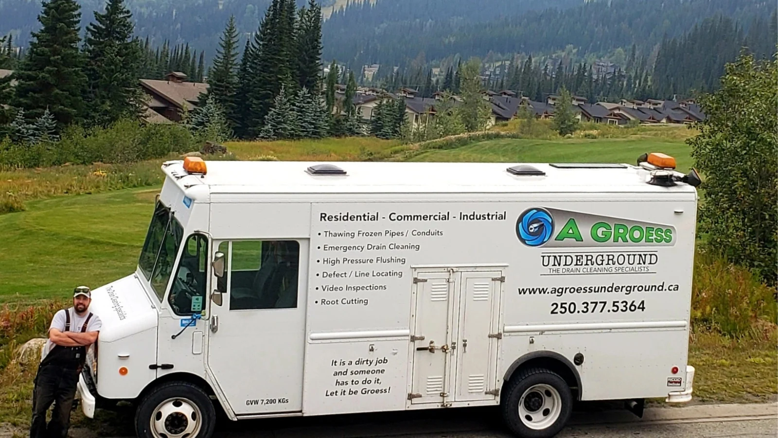 The A Groess Underground service truck parked at Sun Peaks, lettered with high pressure flushing, video inspections, line locating and root cutting